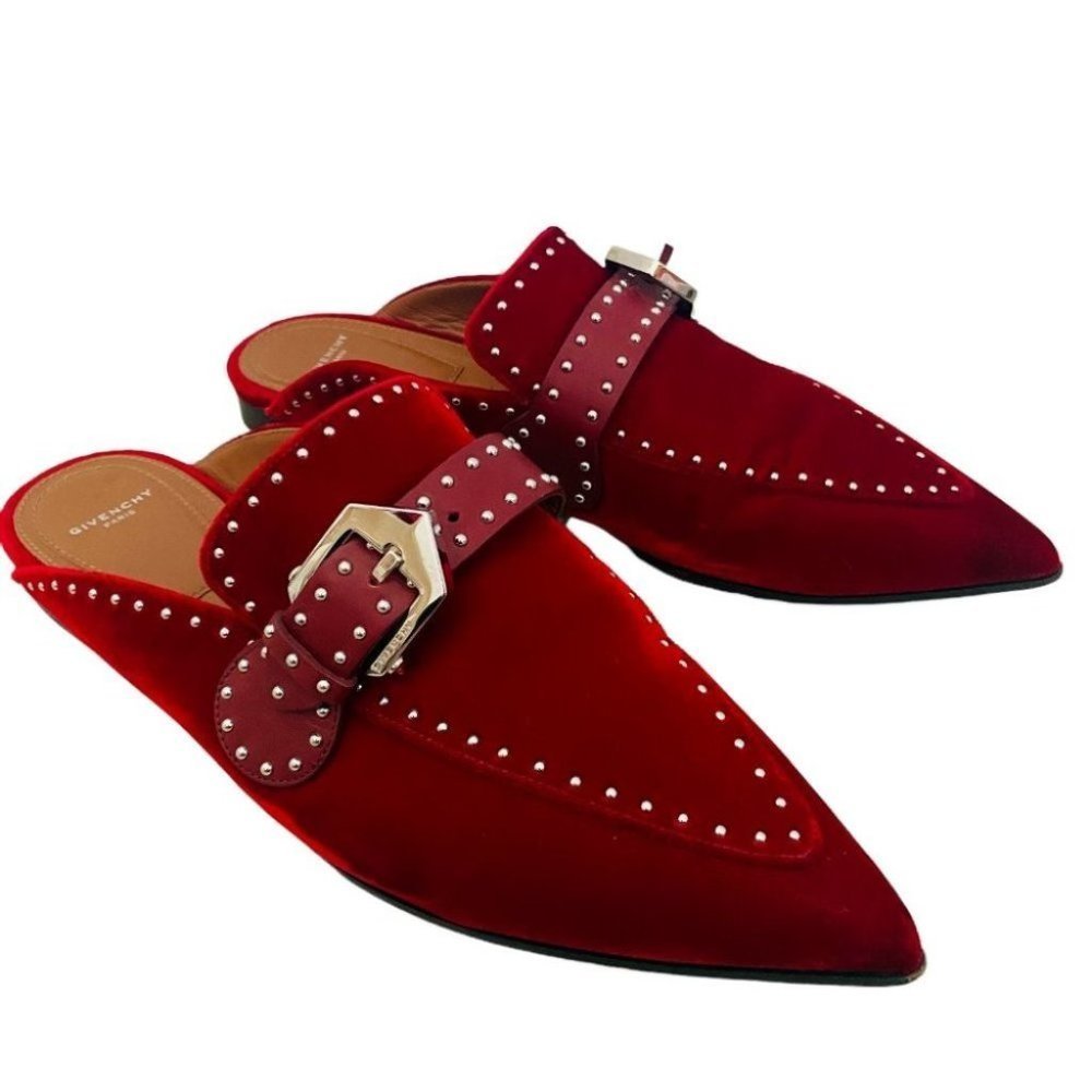 Givenchy Authentic Women's Burgundy Velvet Mules Size 39.5 Flat Slip On Shoes - Picture 1 of 10